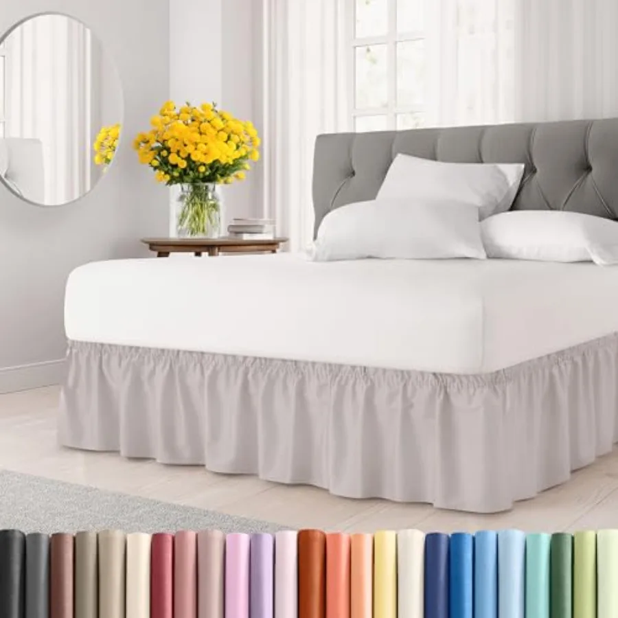 

Wrap Around Dust Ruffle Bed Skirt in Light Grey for Full Size Beds with 18 Inch Drop Elastic Strap Adjustable Pleated Bedskirt