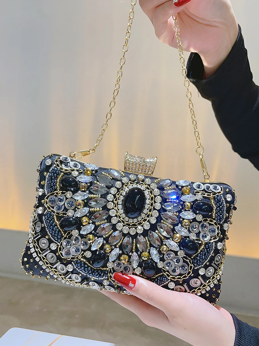 Beaded Rhinestone Evening Bag Elegant Box Clutch Purse Women\'s Wedding Handbags For Party Prom