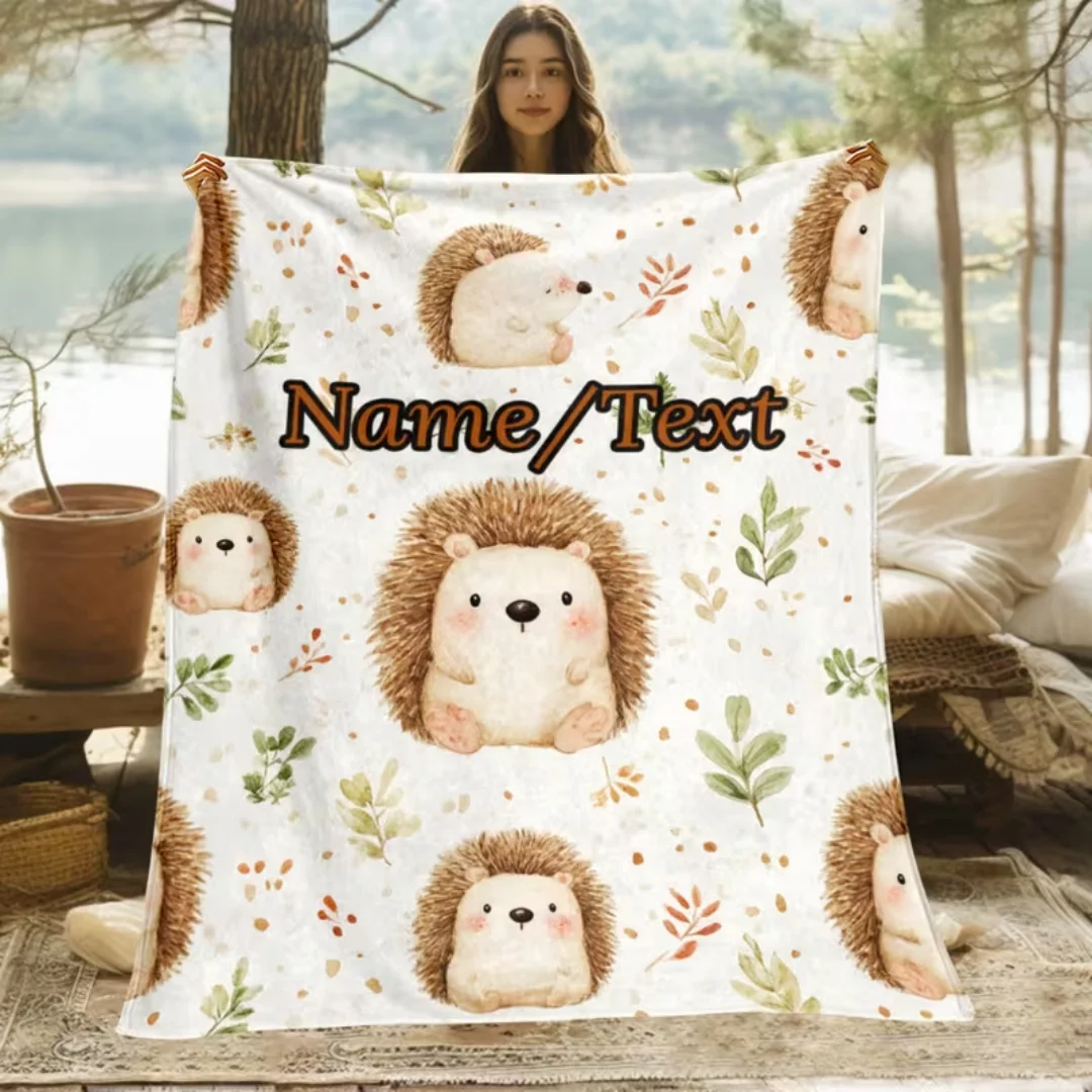 Personalized Cute Hedgehog Name Text Blanket, Lightweight Digitally Printed Throw Blanket for Sofa Bed Camping Travel Office, Cu