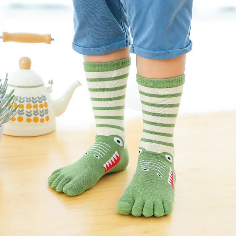 Cute Boys Girls Five Fingers Toe Socks Kids Cartoon Animals Printed Striped Cotton Calf Socks Stocking