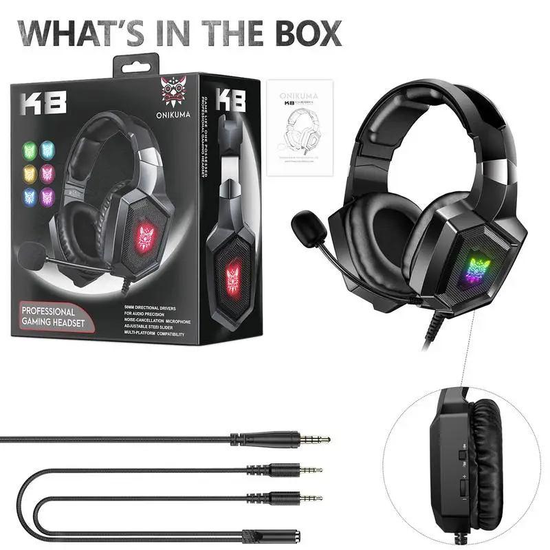 سماعات رأس للألعاب إلغاء الضوضاء RGB ، سماعة رأس سلكية ، سماعات أذن للهاتف الخلوي الأسود ، كمبيوتر ، كمبيوتر لوحي ،