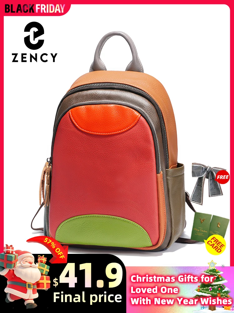 Zency Genuine Leather Women's Novel Colorful Small Laptop Backpack High Quality Travel Bag Rucksack New Satchel 2024 Luxury Purs