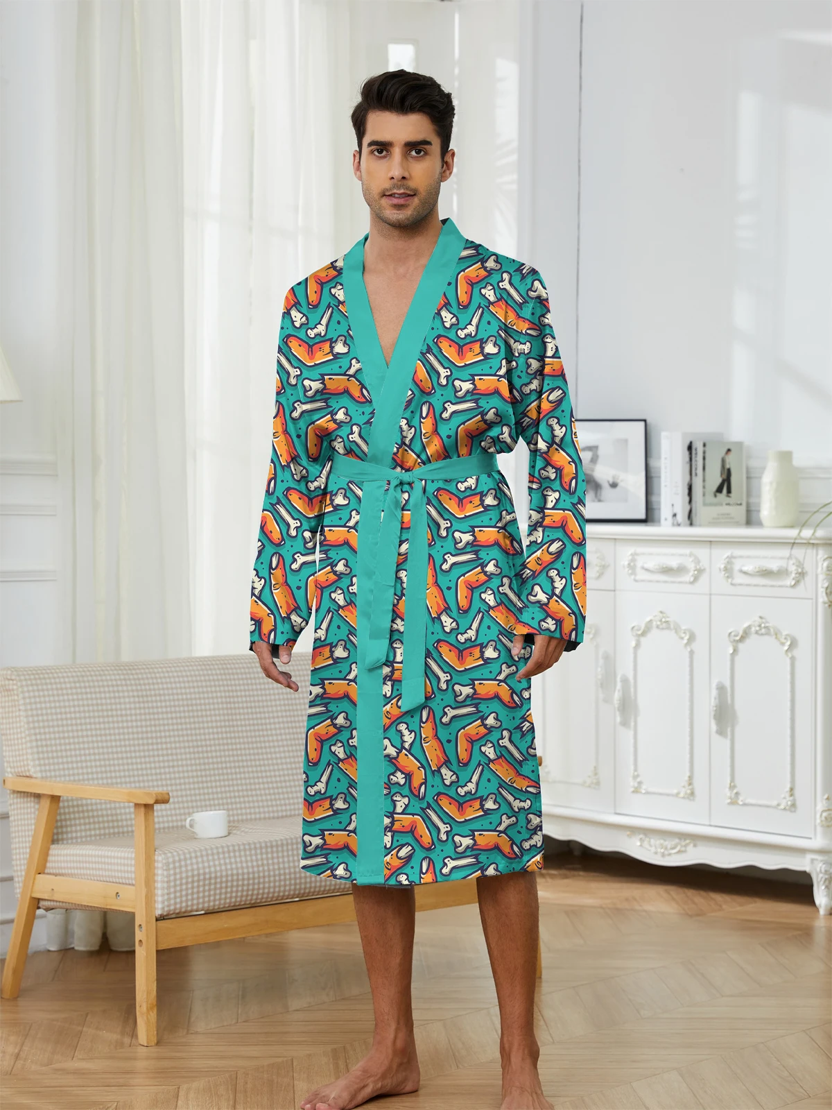 

Мужской длинный халат с цифровым принтом на палец, тонкая и быстросохнущая домашняя повседневная ночная рубашка на весну и осень.