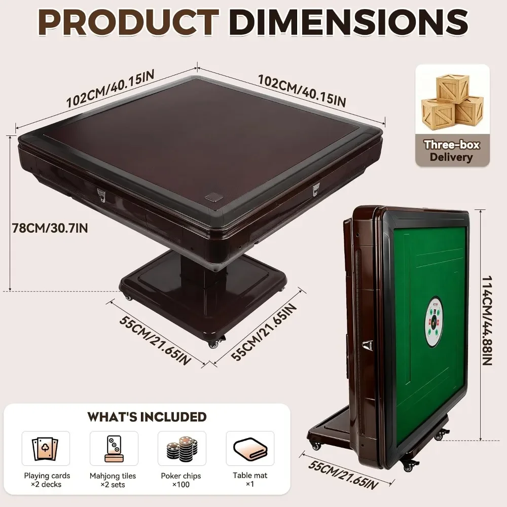 Foldable Automatic Mahjong Table with Wheels, 2 Tile Sets, Cup Holders for 4 Player Game, Home & Outdoor, Brown, Custom