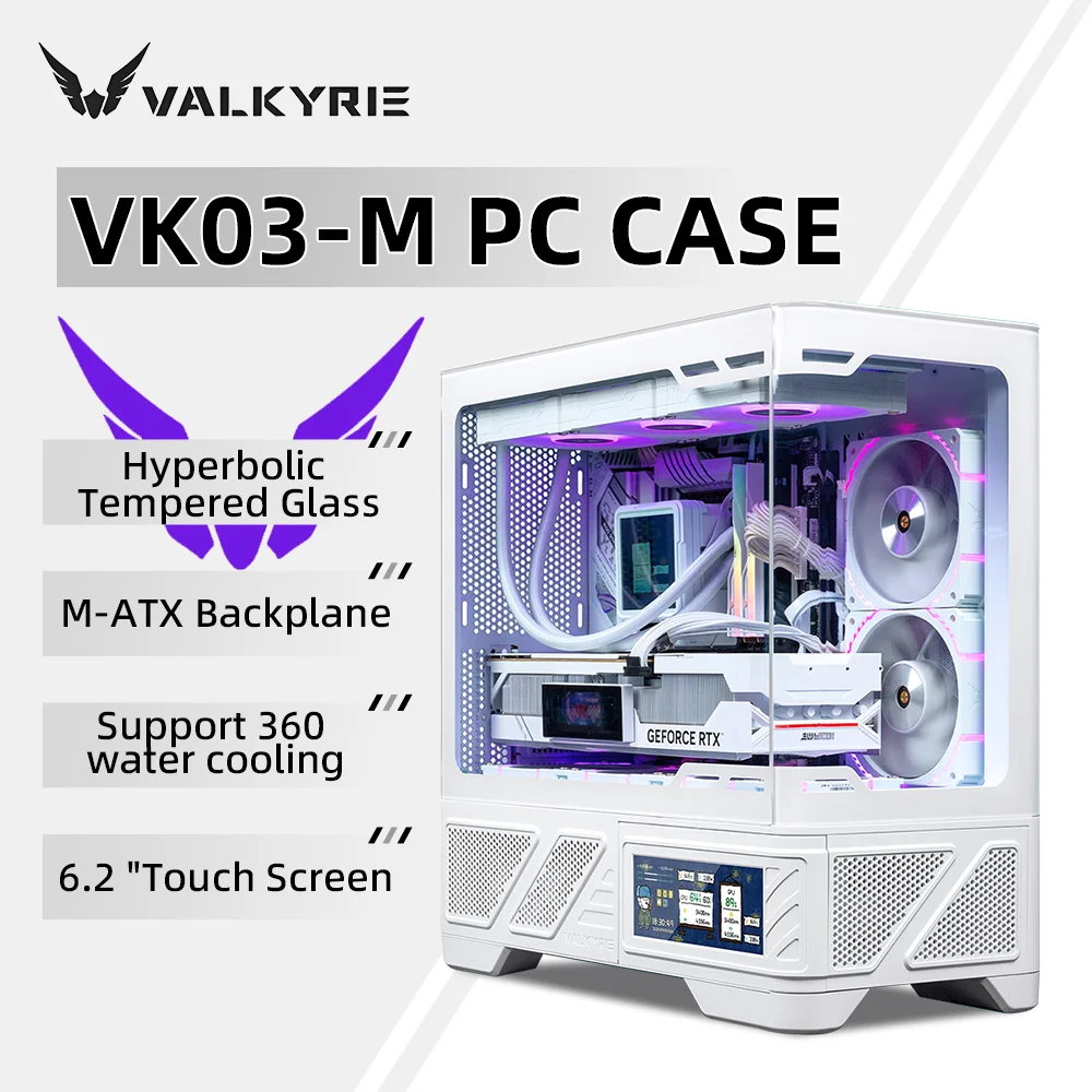 VALKYRIE VK03-M LCD M-ATX Gaming PC Desktop Case Supports 360 Water Cooling 6.2-inch Touchscreen Curved Glass 270° Sea View Room