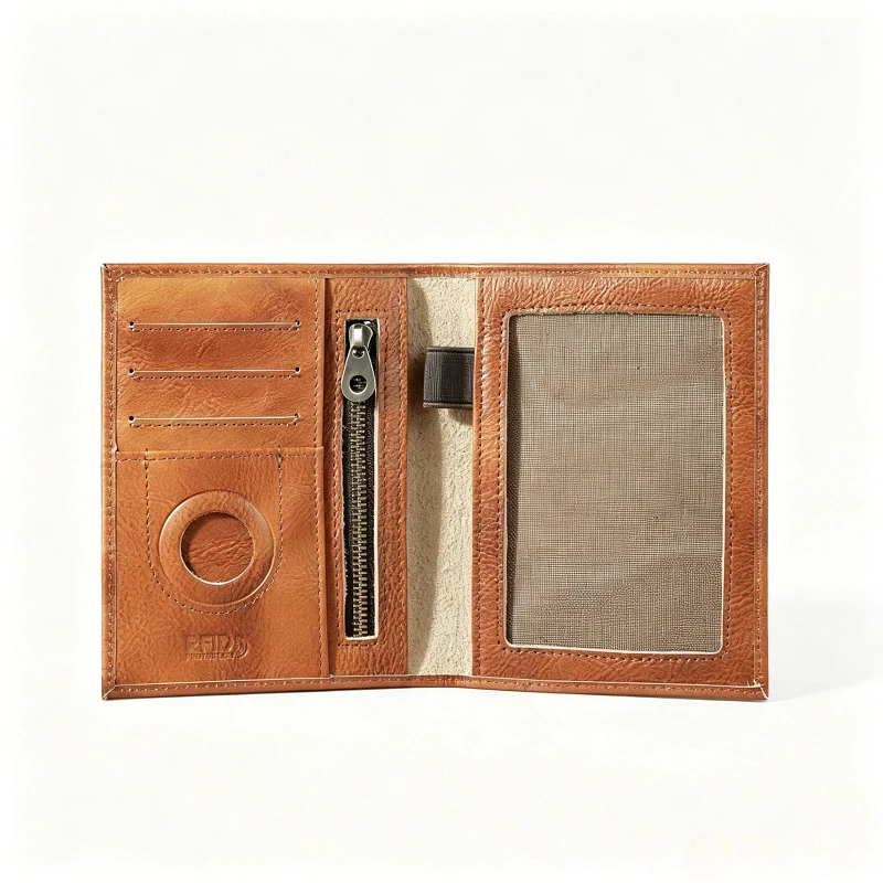 RFID Cowhide Passport Cover, with AirTag Compatible Travel Organizer with Multi Card Slots & Zipper Coin Compartment for Men