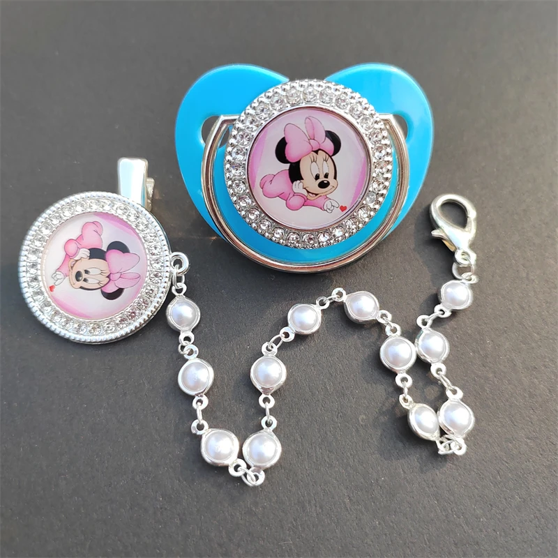 White Pearled Blue Rhinestone Handmade Minnie Mouse Luxury Fancy Dolls Pacifiers and Chain Holder with Cover Fake Dummy Soothers