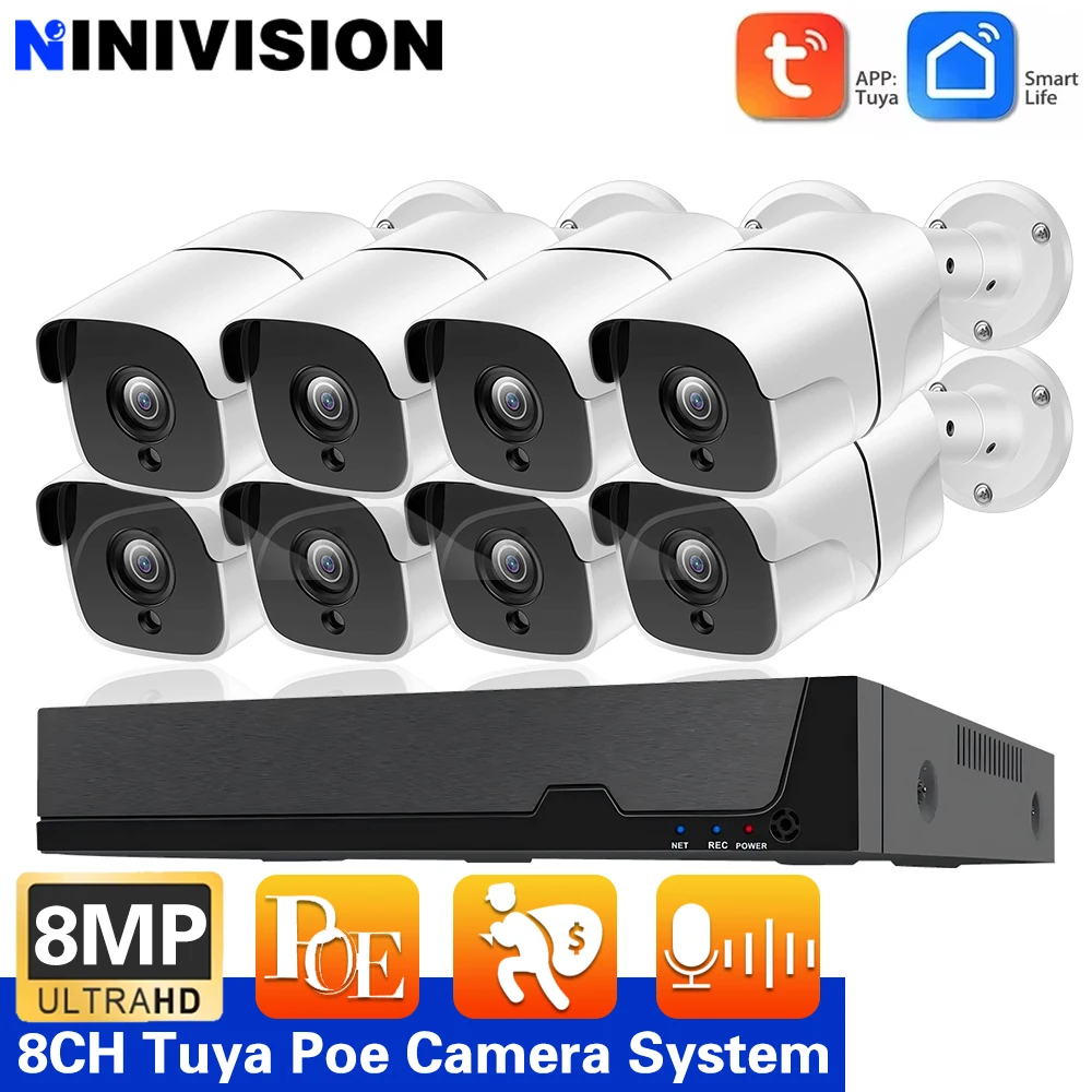 TUYA SmartLife Home 4K 8MP POE كشف الحركة 3.6 مللي متر IP نظام الكاميرا P2P تسجيل الصوت مقاوم للماء في الهواء الطلق NVR CCTV تسجيل الفيديو