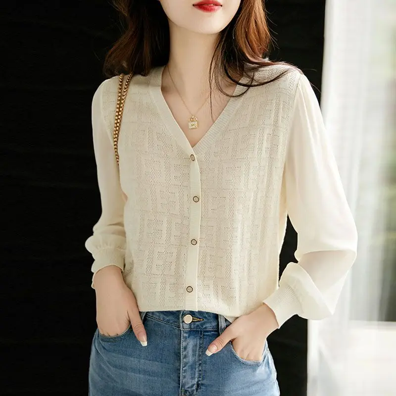 2023 Women\'s Clothing New Spring Autumn Solid Color V-Neck Long Sleeve Chiffon Basic Fashion Casual All-match Blouse