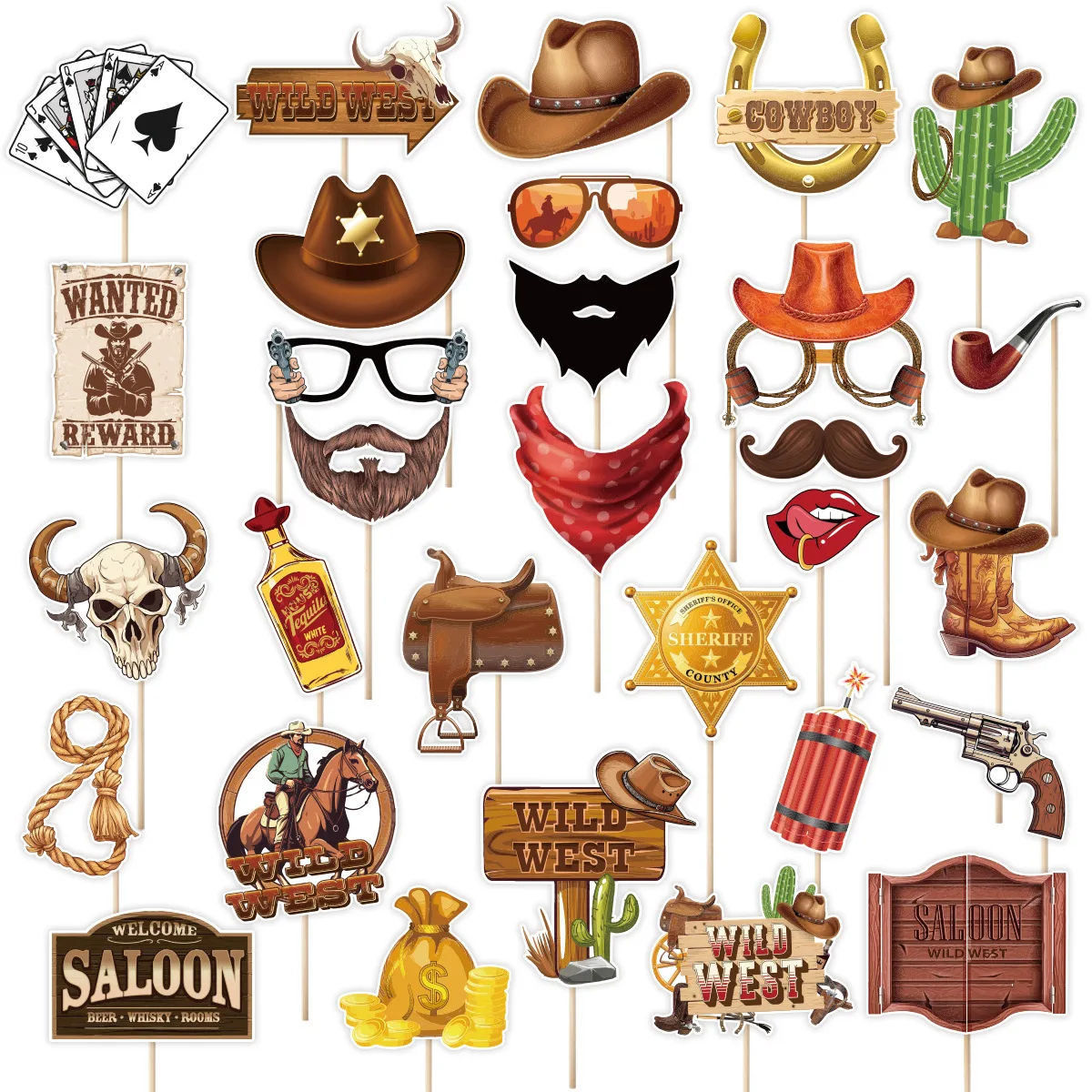 30Pcs/Pack Western Cowgirl Theme Photo Booth Props Cowboy Hat Boots Costume Mask for Birthday Bachelorette Party Decoration