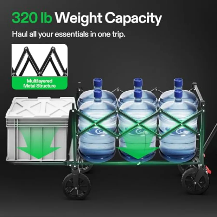 Wagon pliable avec hayon, capacité de 320lb, utilitaire d'extérieur avec roues tout-Terrain, porte-gobelets à poignée réglable pour le camping