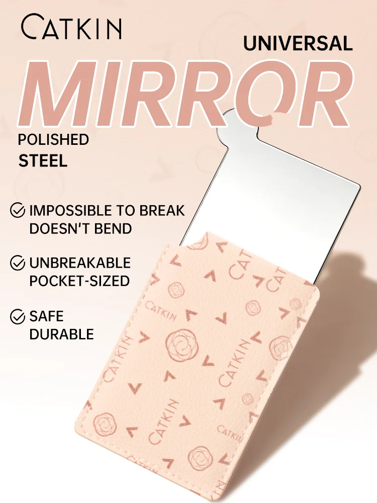 CATKIN Stainless Steel Card Cosmetics Mirror Portable Mini Unbreakable Makeup Mirror Shatter Proof Leather Sleeve Pocket Size