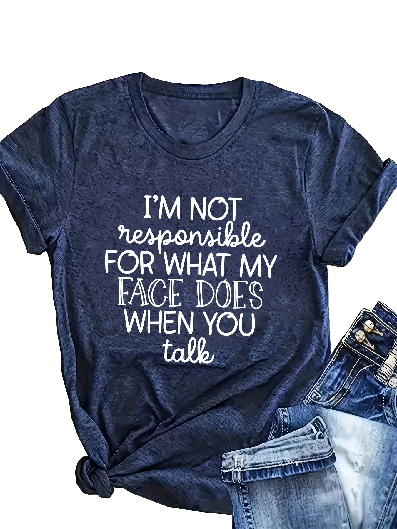 

Plus - Size Women's Navy Short - Sleeve T - shirt, Funny “Face Reaction” Text Print, Humorous & Trendy