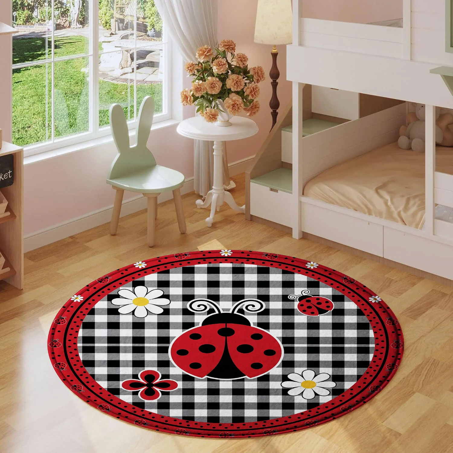 Ladybug Daisy Gingham Buffalo Plaid Check Red Polka Dot Border Pattern Holiday Luxury Round Mat Area Rug Home Decor