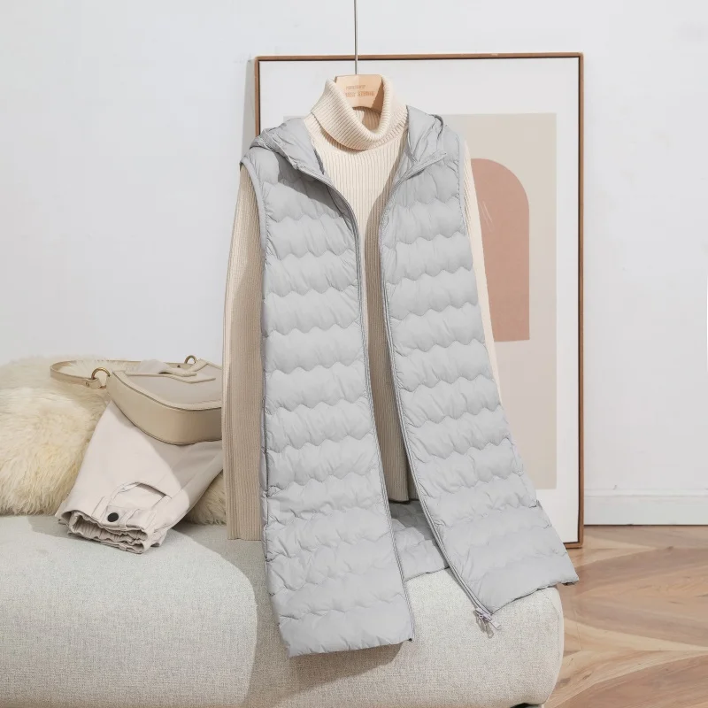 Gilet à capuche mi-long en duvet de canard blanc pour femme, manteau polyvalent, chaud, Simple, à la mode, pour l'extérieur, nouvelle collection 2025, 90%