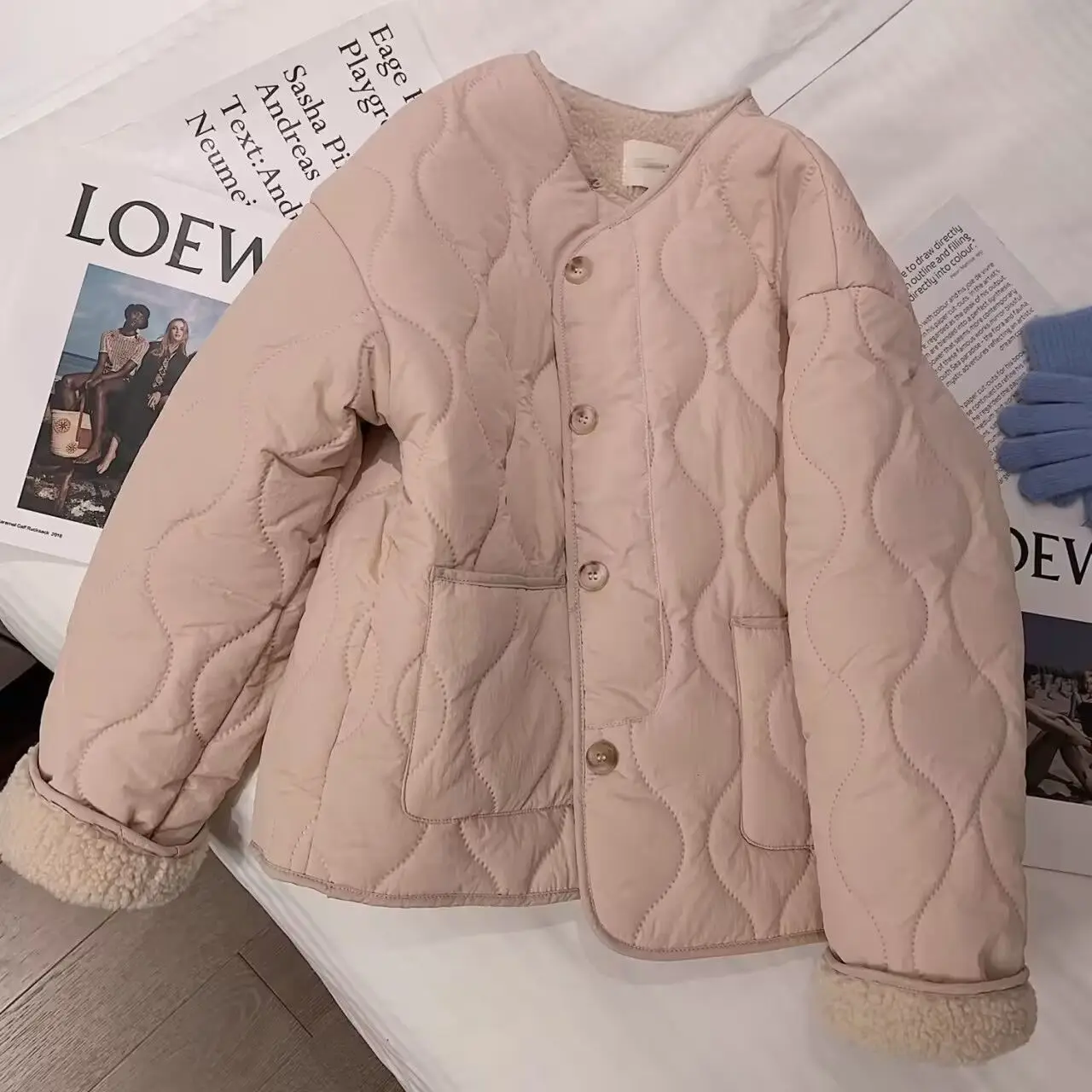 

Winter Warm Cotton Jacket For Women Fashion Round Neck Long Sleeve Single Breasted Pocket Plush Thickened Solid Color Coat