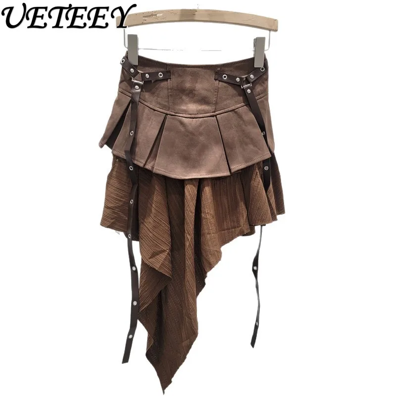 تنورة قصيرة كلاسيكية ذات ثنيات من جلد الغزال الصناعي للنساء، تنانير قصيرة أنيقة متعددة الاستخدامات عالية الخصر للتخسيس على شكل حرف a