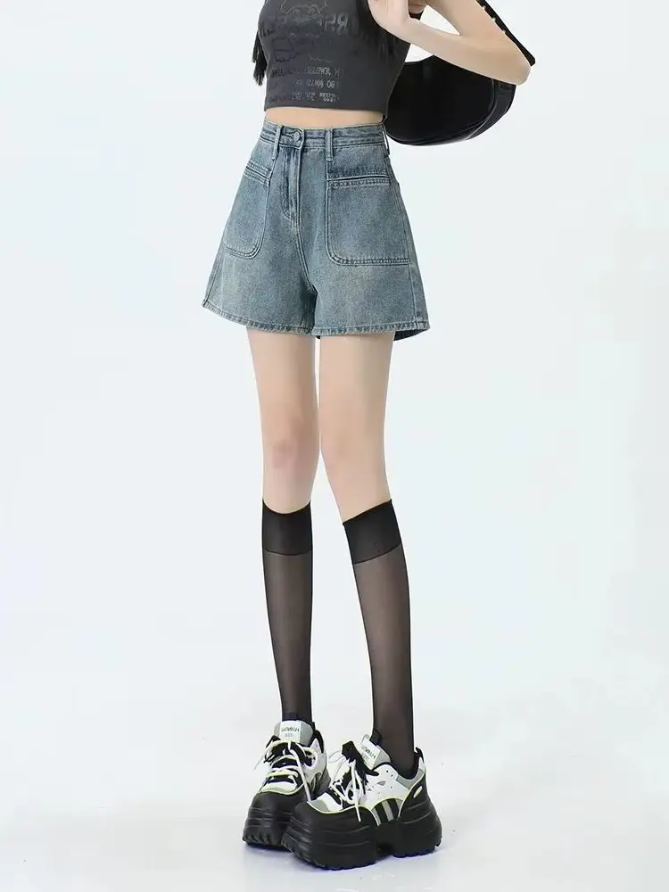 Retro High Waist New Denim Women Shorts Simple Basic Street Casual Slim Woman Shorts Summer Loose Fashion Straight Shorts Female
