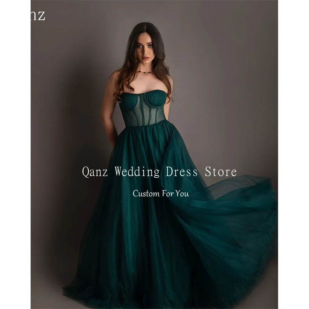 

Qanz Emerald Green Prom Dresses Long A Line Tulle Vestidos De Fiesta Elegantes 2024 Sweetheart Lace Up Back Party Dresses New