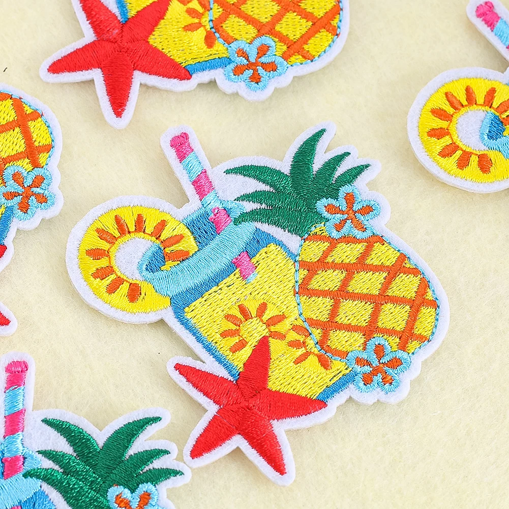 열대 테마 원단 패치, 파인애플 음료 자수, 의류 장식 및 수리용 DIY 의류 봉제 용품, 4 개