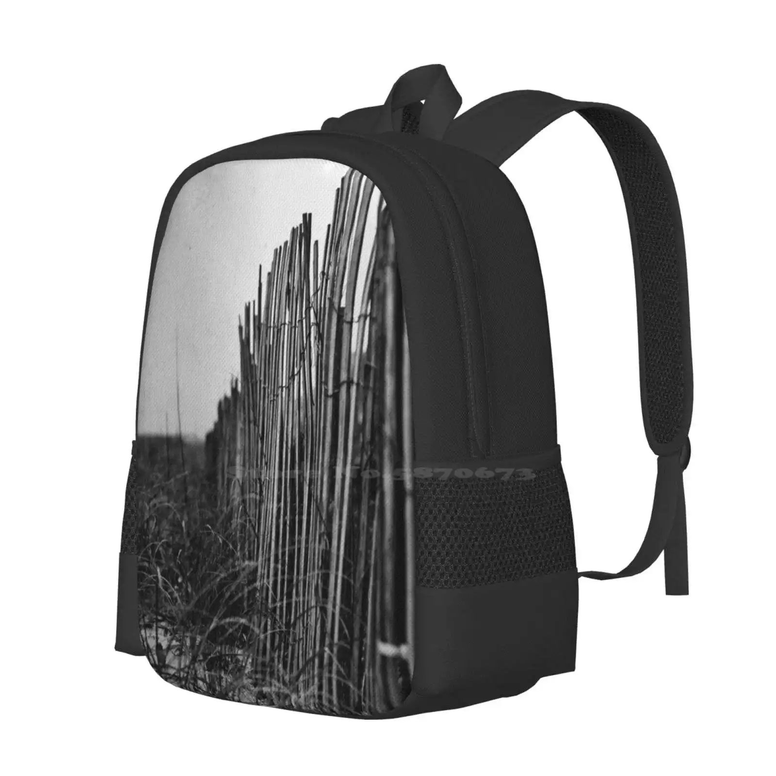 Quiescence School Bag Big Capacity Backpack Laptop Fence Dunes Beach Ocean Sea Crooked Dark Simple Minimal Black White Mono Ttv