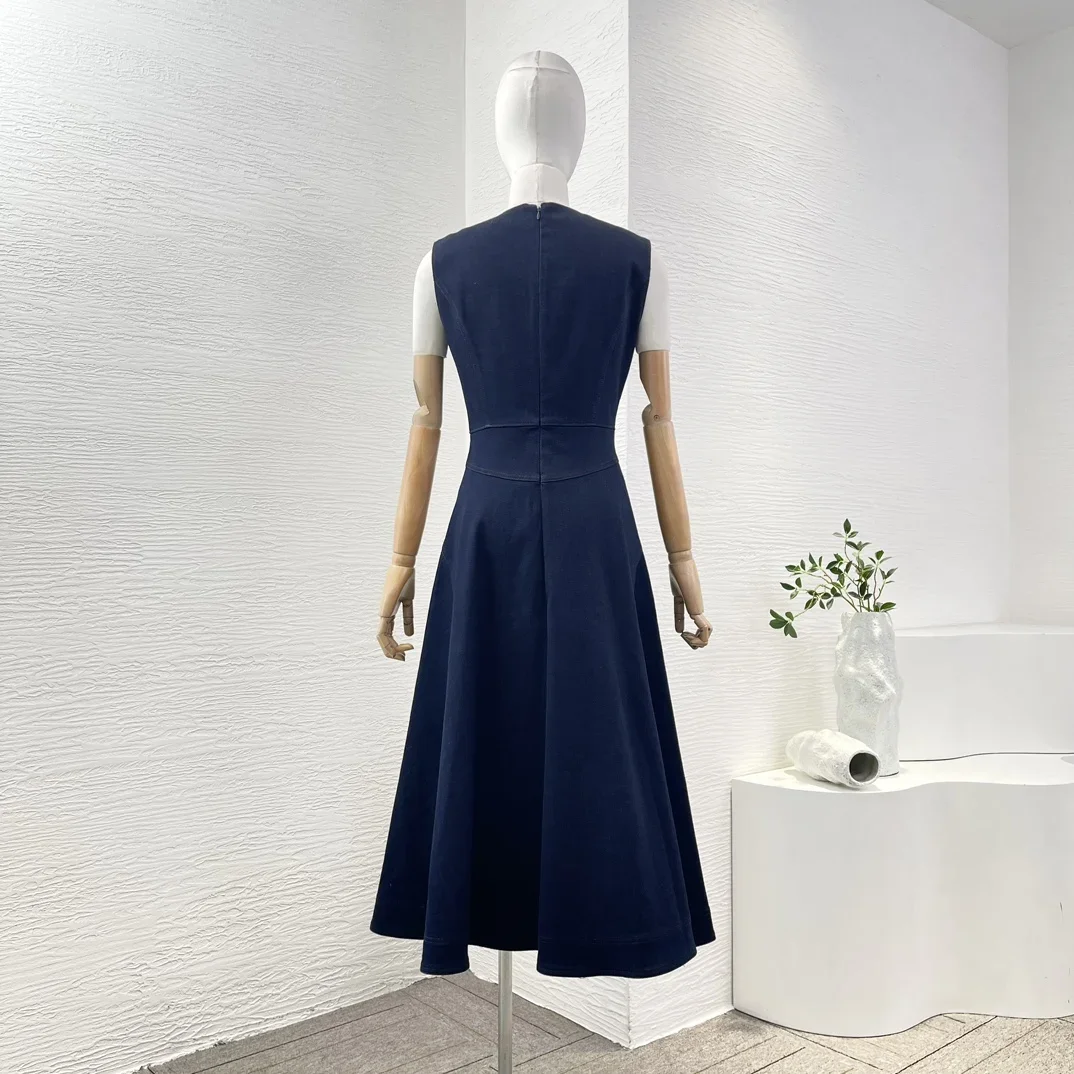 2024 New Top Quality Sleeveless A-line Navy Blue Jeans Women Classic Tank Midi Dress