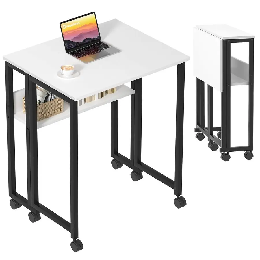 

Folding Desk Small Rolling Desk with Storage Shelf, 24.8 inch Foldable Computer Desk with Wheels for Small Space, Easy Assembly