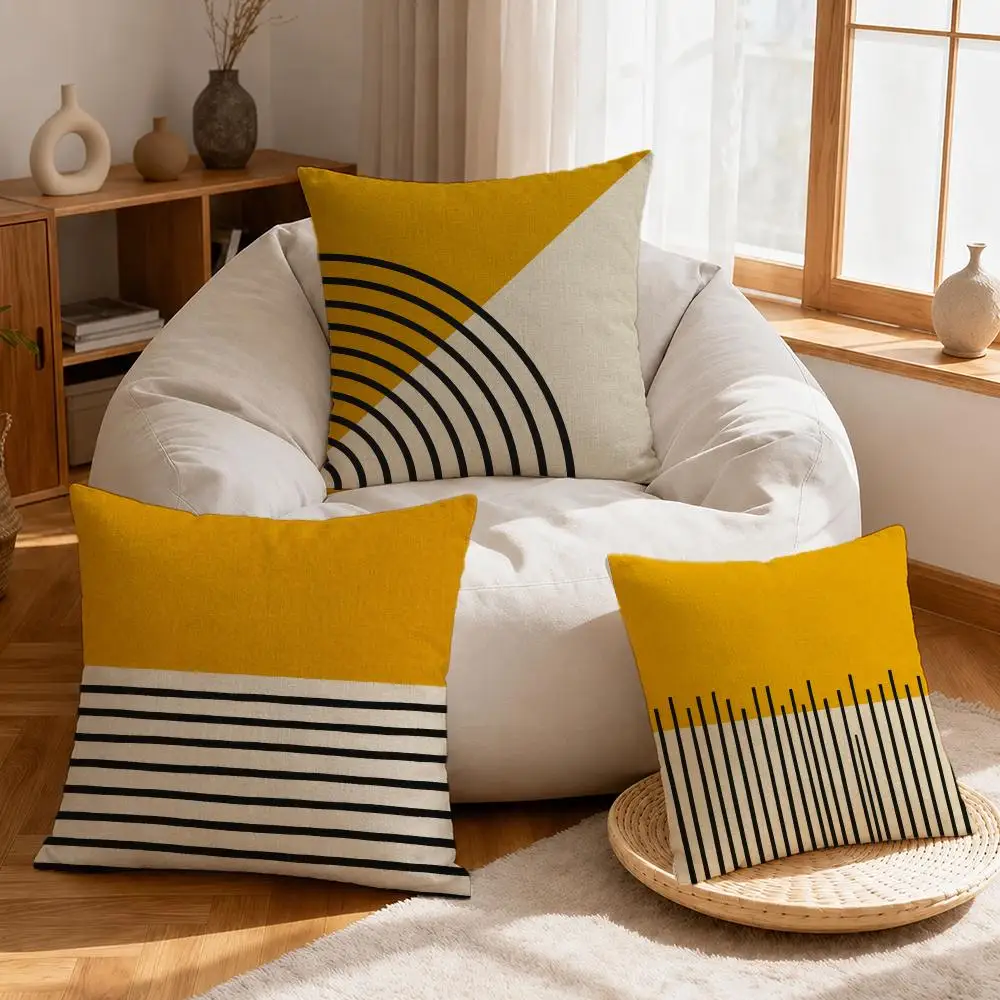 Pattern Mustard Boho Abstract Geometric Cushion Cover Linen Anti-Mite Antibacterial Cushion Cover Invisible Zipper Sofa Decor