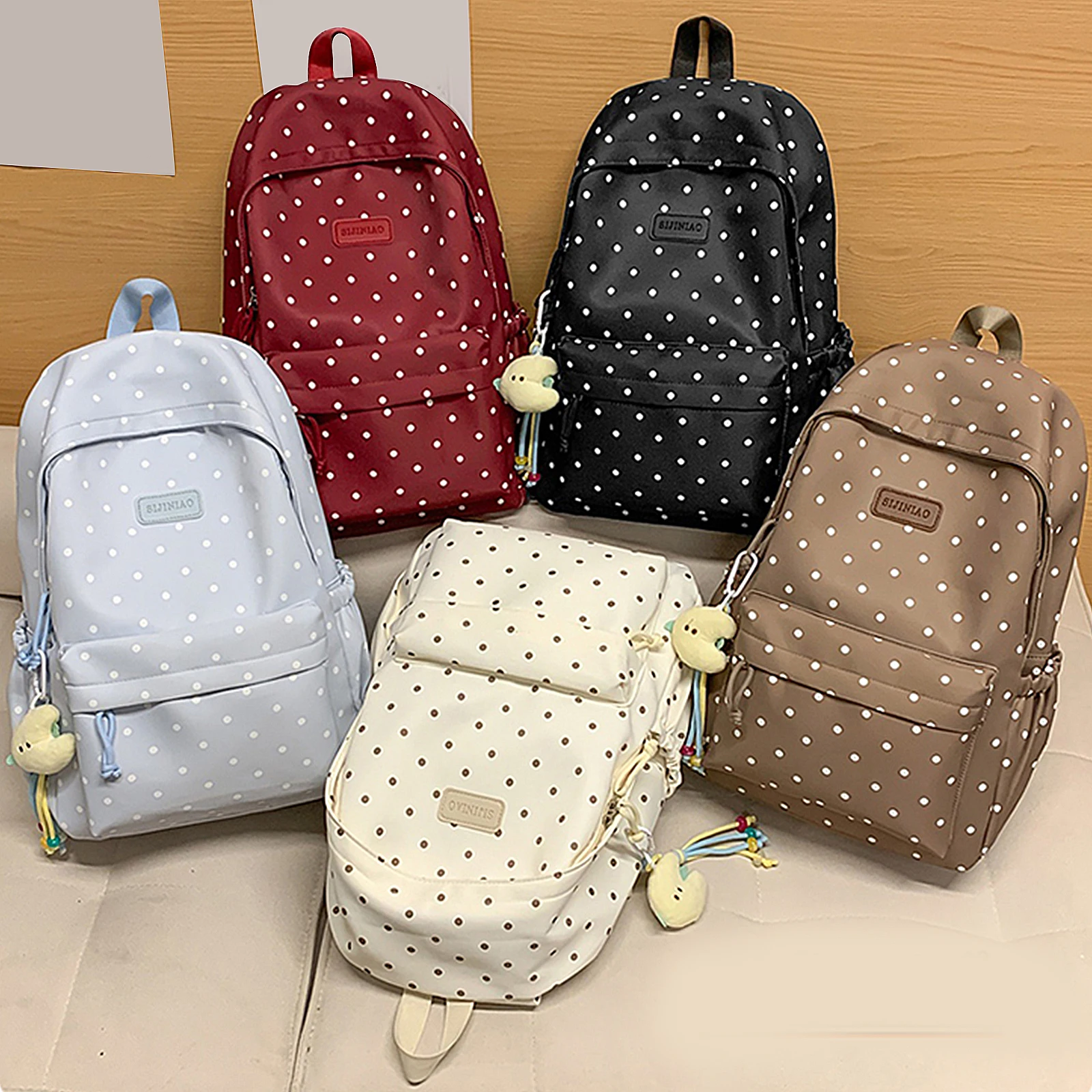 Cute Polka Dot Laptop Backpack with Pendent Travel Backpack Lightweight Bookbag for Female Elementary & Middle  Students