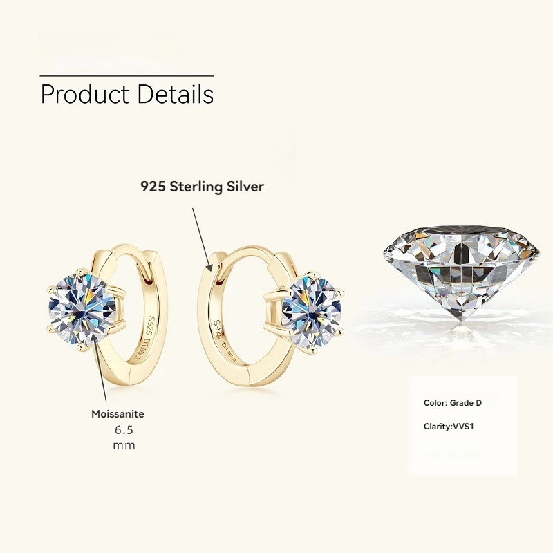 Apaison 925 Sterling Silver 1 ct D Color Moissanite Girls Stud Earrings Wedding Sparkling Gifts Female Gold Plated Fine Jewelry