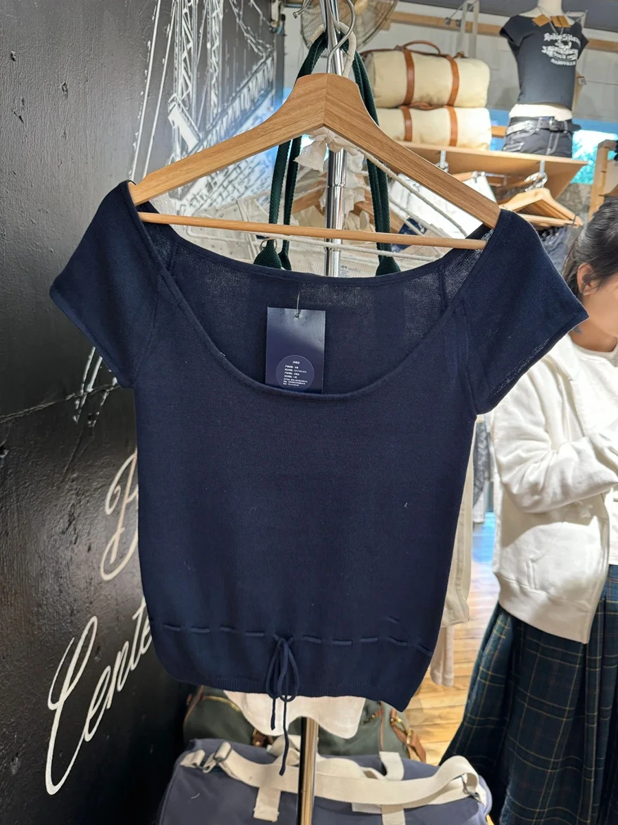 T-shirt lavorata a maglia blu Navy con lacci donna estate scollo tondo manica corta t-shirt in cotone donna Casual Vintage dolce Slim Tshirt Y2k Top