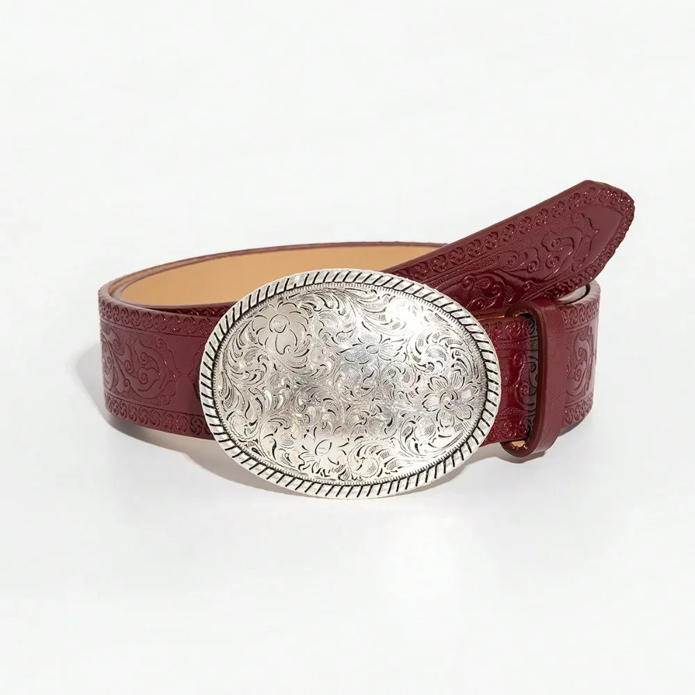 1 Piece of Retro Wine Red Patterned Circular Buckle PU Belt