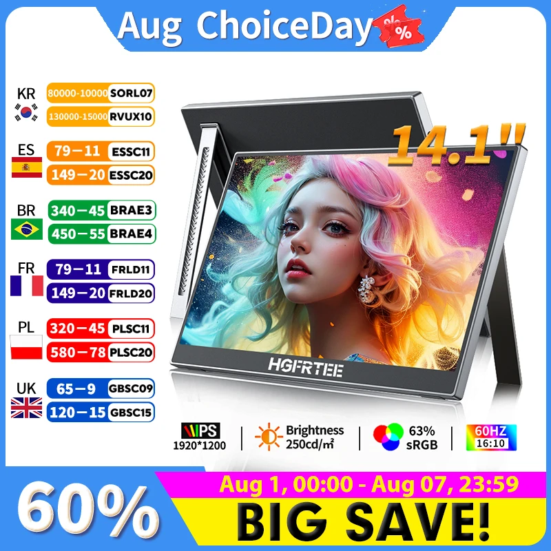HGFRTEE 14.1" Portable Monitor 1200P Full HD Second Screen for Laptop with Stand And USB-C Connectivity For PS5 Xbox Switch