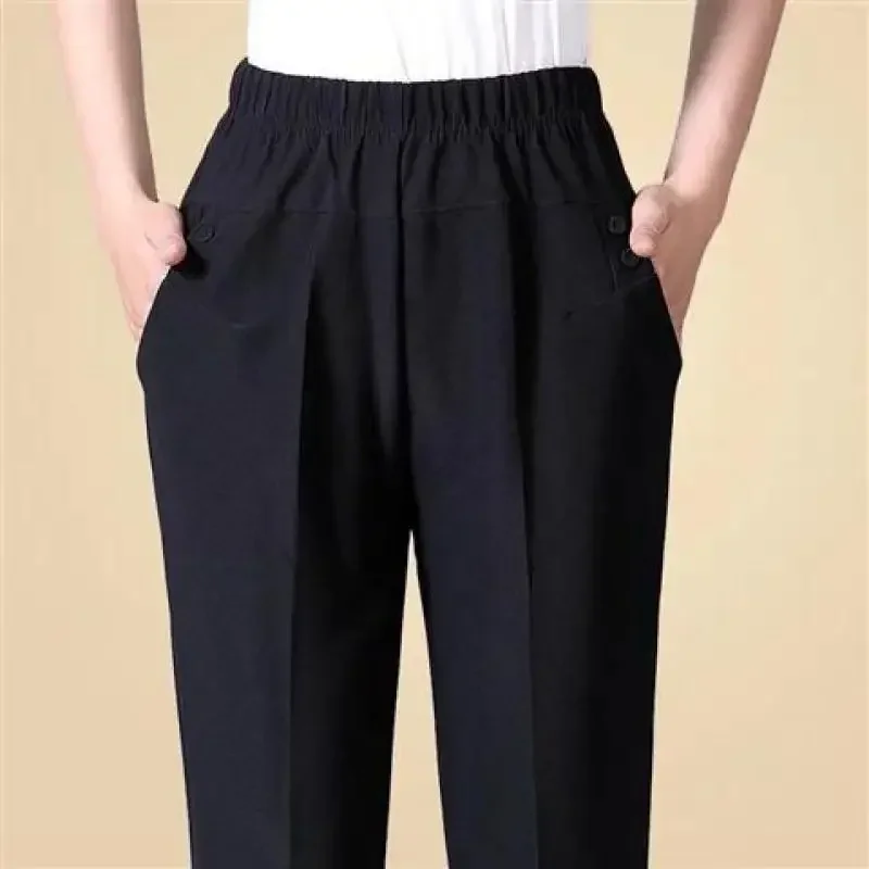 Women's Middle and Old Age Pants 2025 New Spring and Autumn Simple Pants Loose High Waist Casual Straight Tube Elastic Tight