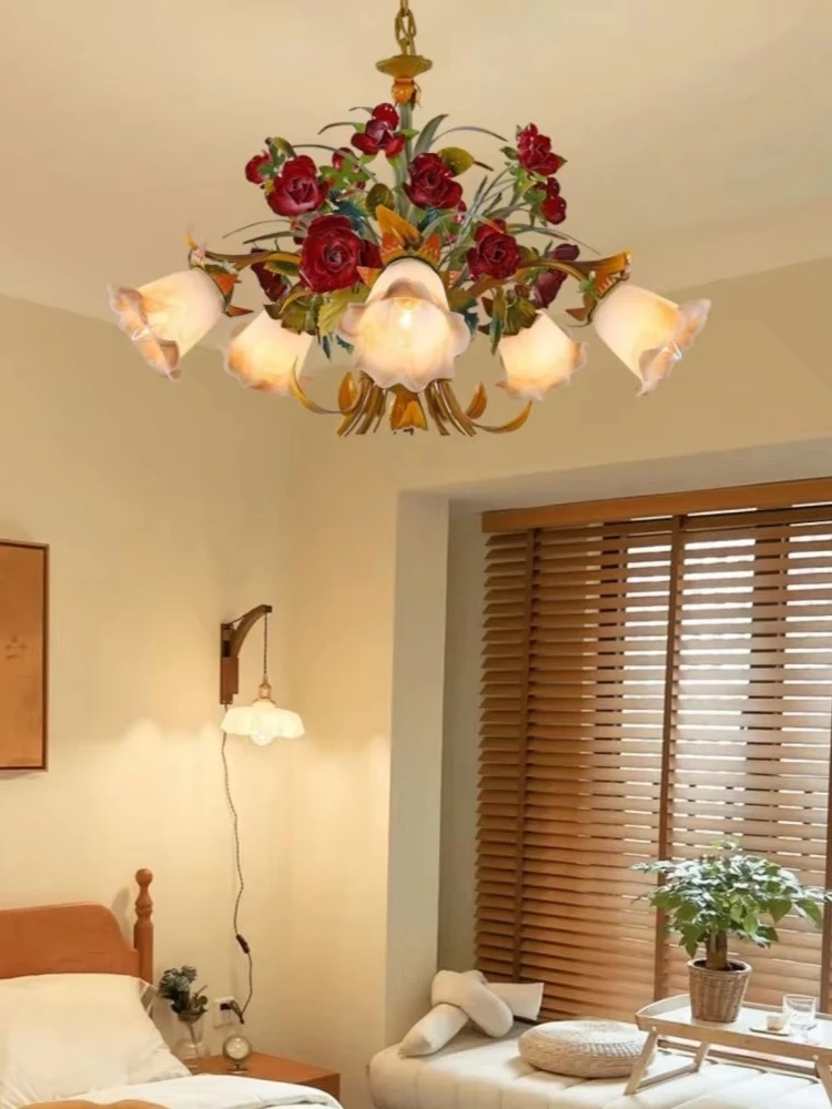 romantic cream style rose chandelier, living room bedroom simulation flower and grass lamp, country bed and breakfast lighting