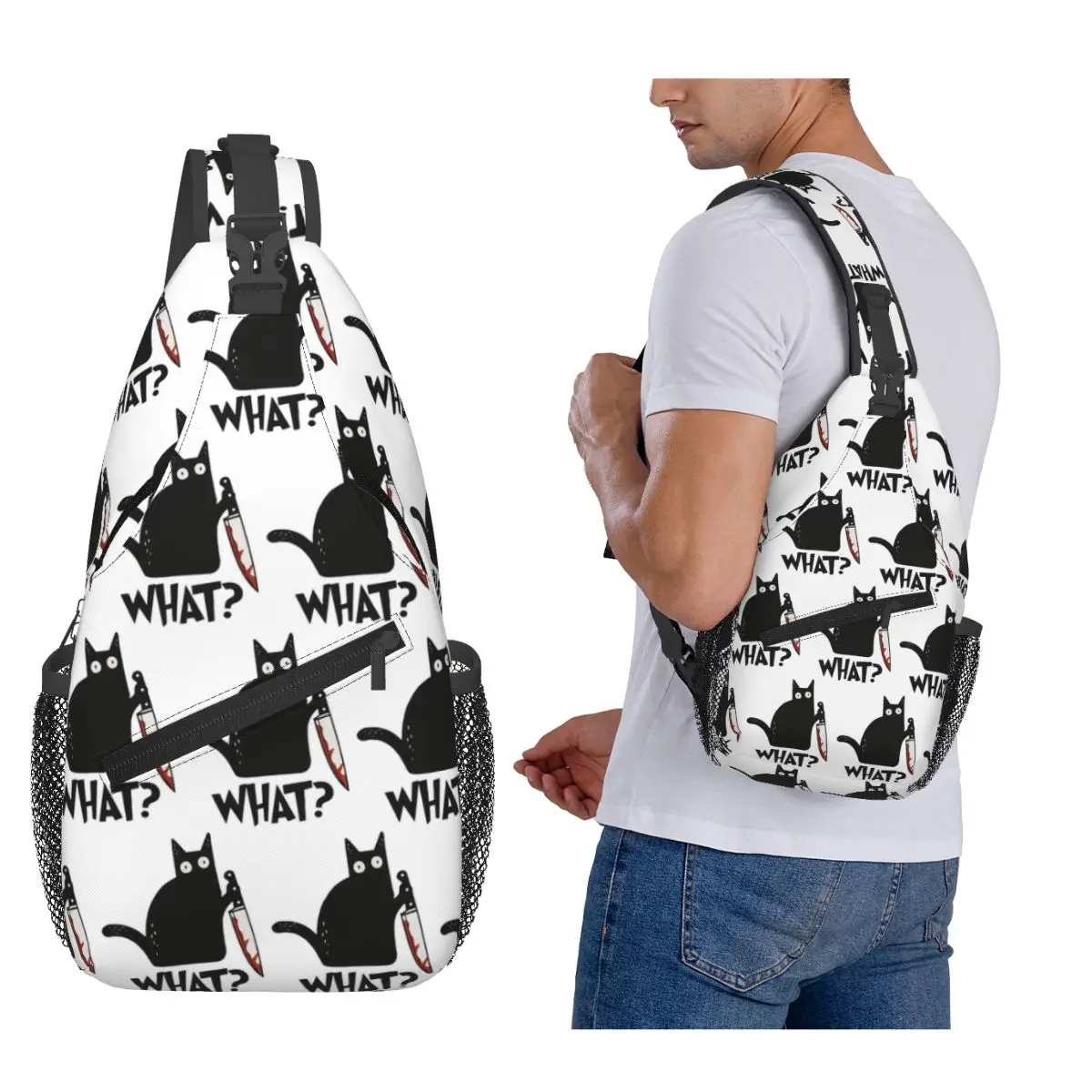 

Cat What Murderous Black Cat With Knife Chest Bag Men Sling Crossbody Backpack Chest Bag Travel Hiking Daypack Shoulder Bag