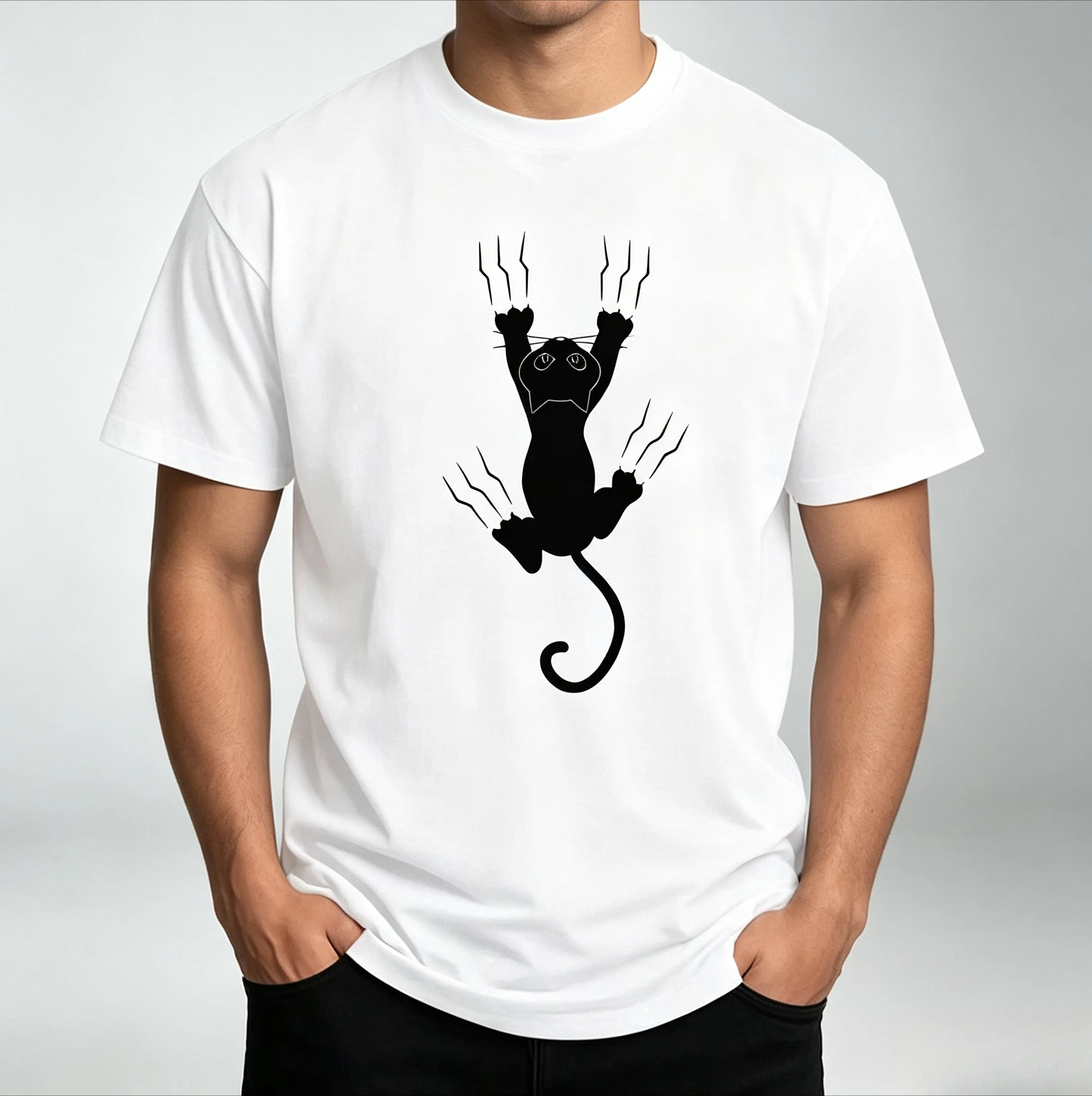 Cute Clinging Scratch Black White Cat Silhouette Print Men T-Shirt Minimal Animal Casual Oversized Streetwear Short Sleeve Tee