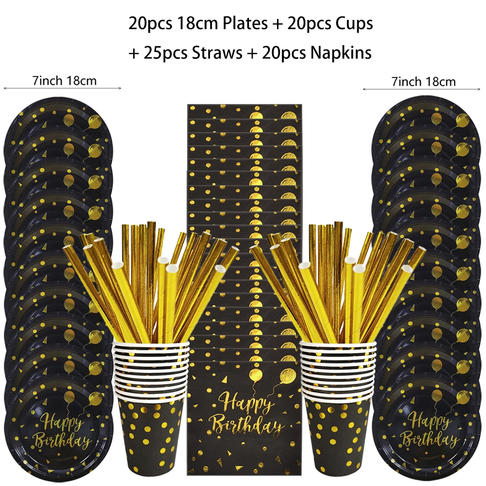 Black Gold Birthday Disposable Tableware Set Paper Plates Cups Napkins Tablecloth Adult Happy Birthday Party Decoration Wedding