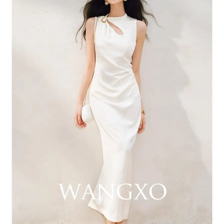 

Satin crease texture | Water drop hollow custom pin | Pinch pleated sleeveless dress women clothing bodycon dress
