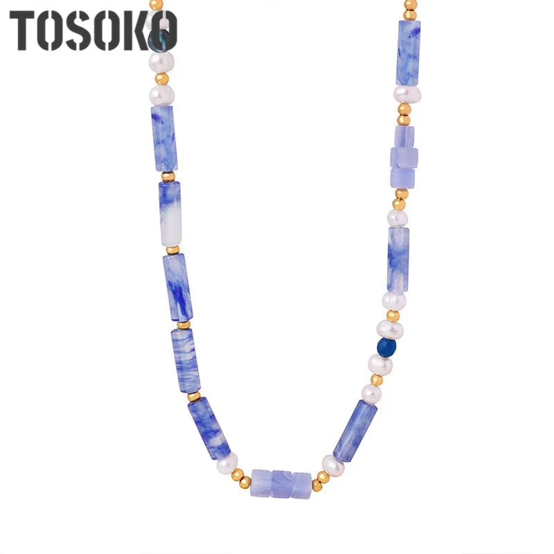 

TOSOKO Stainless Steel Jewelry Blue Ocean Freshwater Pearl Patchwork Handmade Beaded Pendant Necklace BSP1730