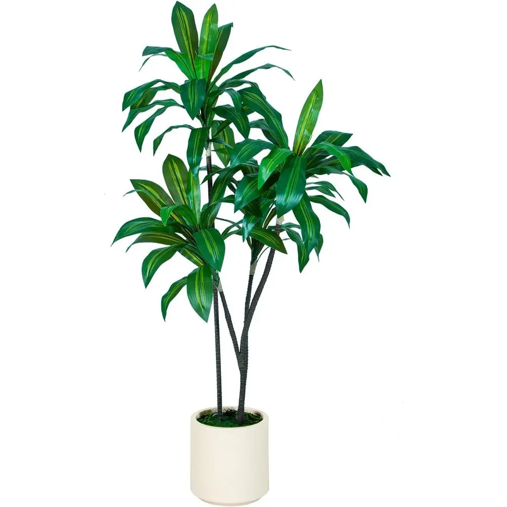 

5-Foot Tall Dracaena Tree in White Planter, Artificial with Natural Wood Trunk and Lifelike Leaves for Home or Office, Green