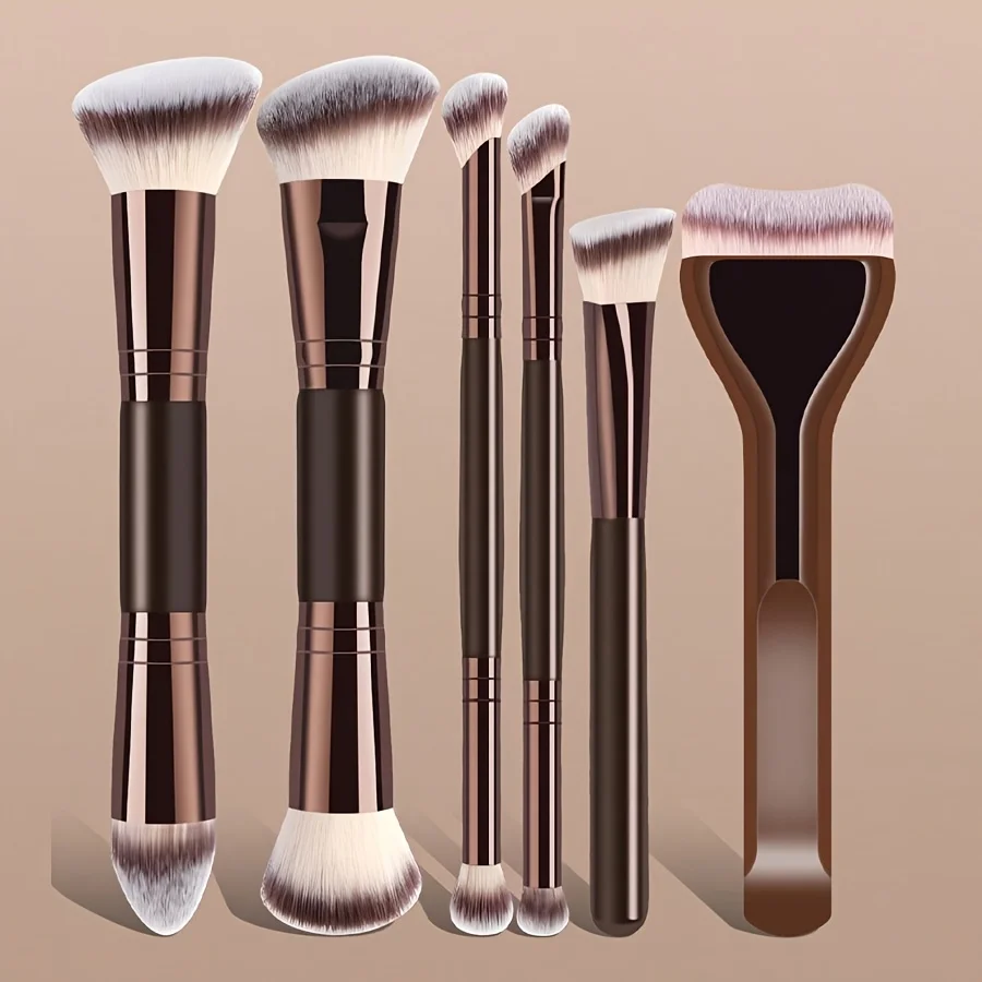 Juego de 6 brochas de maquillaje de doble punta, brochas para base, corrector y contorno con esponjas para polvos, cerdas sintéticas suaves, para principiantes