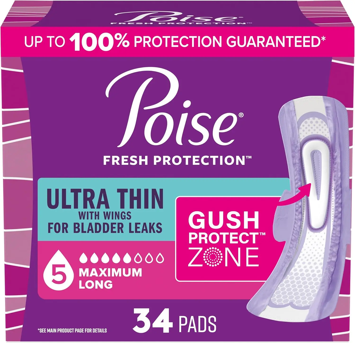 

Ultra Thin Incontinence & Postpartum Pads with Wings for Bladder Leaks, 5 Drop Maximum Absorbency, Long Length, 34 Count (Packaging May Vary)