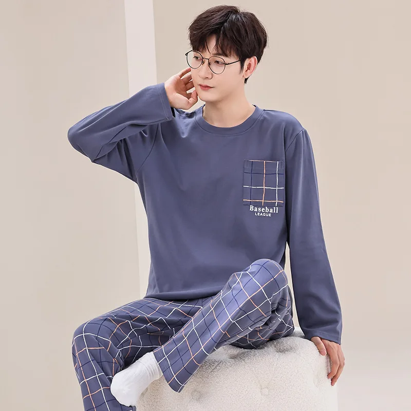 100% Pure Cotton Men\'s Pajamas Suit Spring Autumn Pullover Long-sleeved Youth Cotton Casual Loungewear Suit Male Soft Homewear