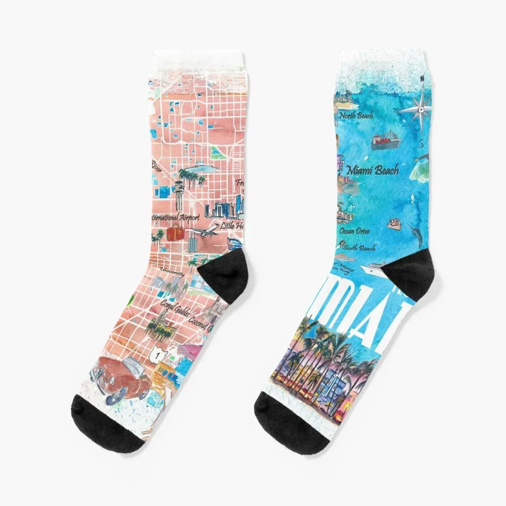 Miami FloridaIllustratedTravelMapwithRoadsandHighlights Socks essential Wholesale Socks Women Men's