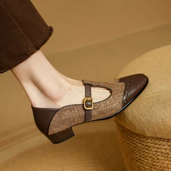 2025 New Women Dress Shoes Thick Heels T-Strap Shoes Genuine Leather Shallow Square Toe Pumps Ankle Strap Ladies Shoes Office