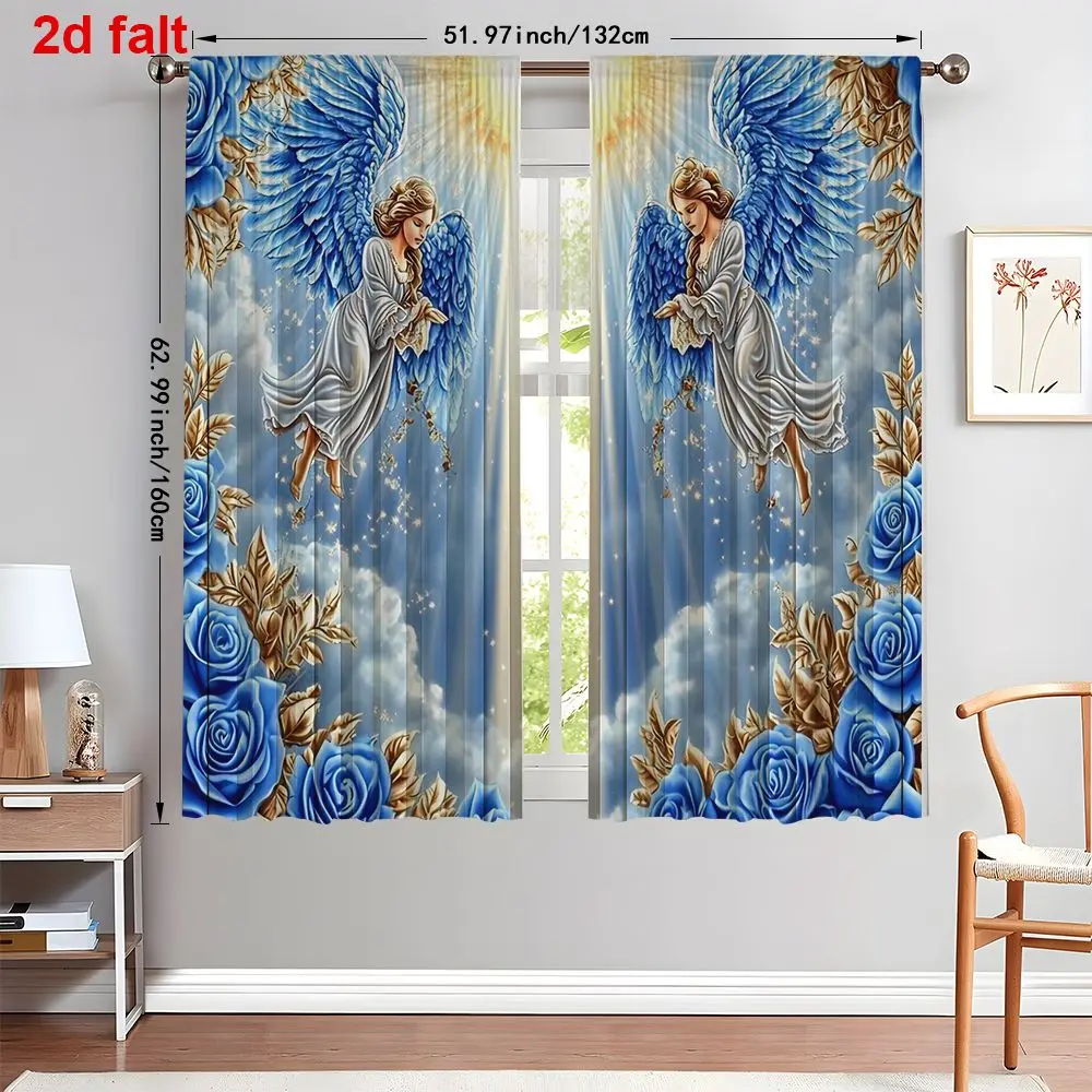 Elegant Angel Wings Curtain Blue Floral Dreamy Window Drapes for Living Room Home Decor