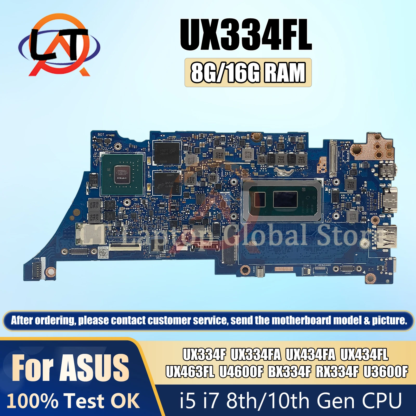 UX334FL i5 i7-8th 10th CPU 8G/16G-RAM MX150 GPU Mainboard For Asus UX463FL UX434FL UX434FAC UX334FL UX434FLC Laptop Motherboard