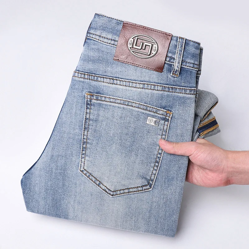 2024new light luxury high-end blue jeans men's simple fashion summer slim casual stretch office pants