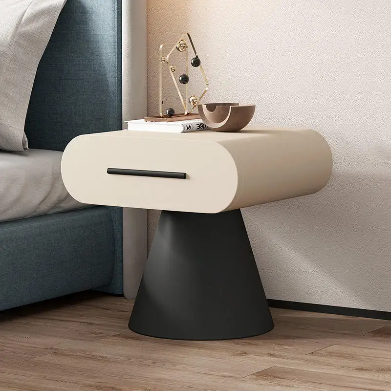 *Quiet styled wooden bedside table presents simple modern Italian light luxury vibe, compact size with practical storage space